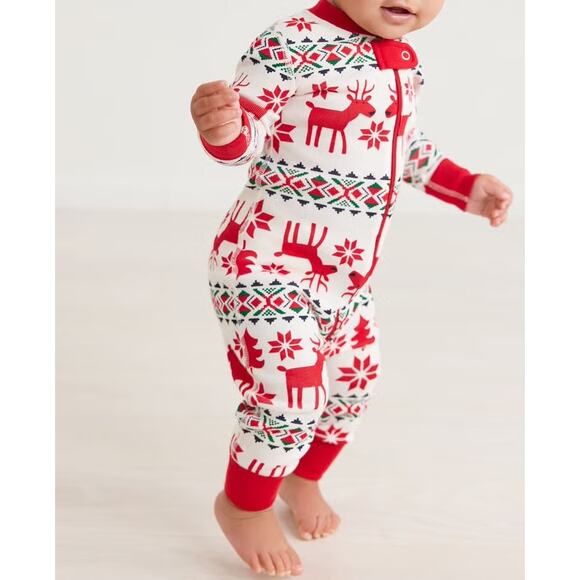 Hanna Andersson White + Red Dear Deer Reindeer Print Holiday Zip Sleeper 3 - 6M - Picture 1 of 8